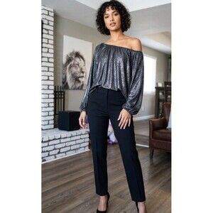 Covington Woman Sz 2X Black Metallic Shimmer Party Blouse Wide Long Sleeve Tunic